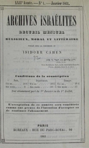 Archives israélites de France. Vol.22 N°01 (Janier 1861)